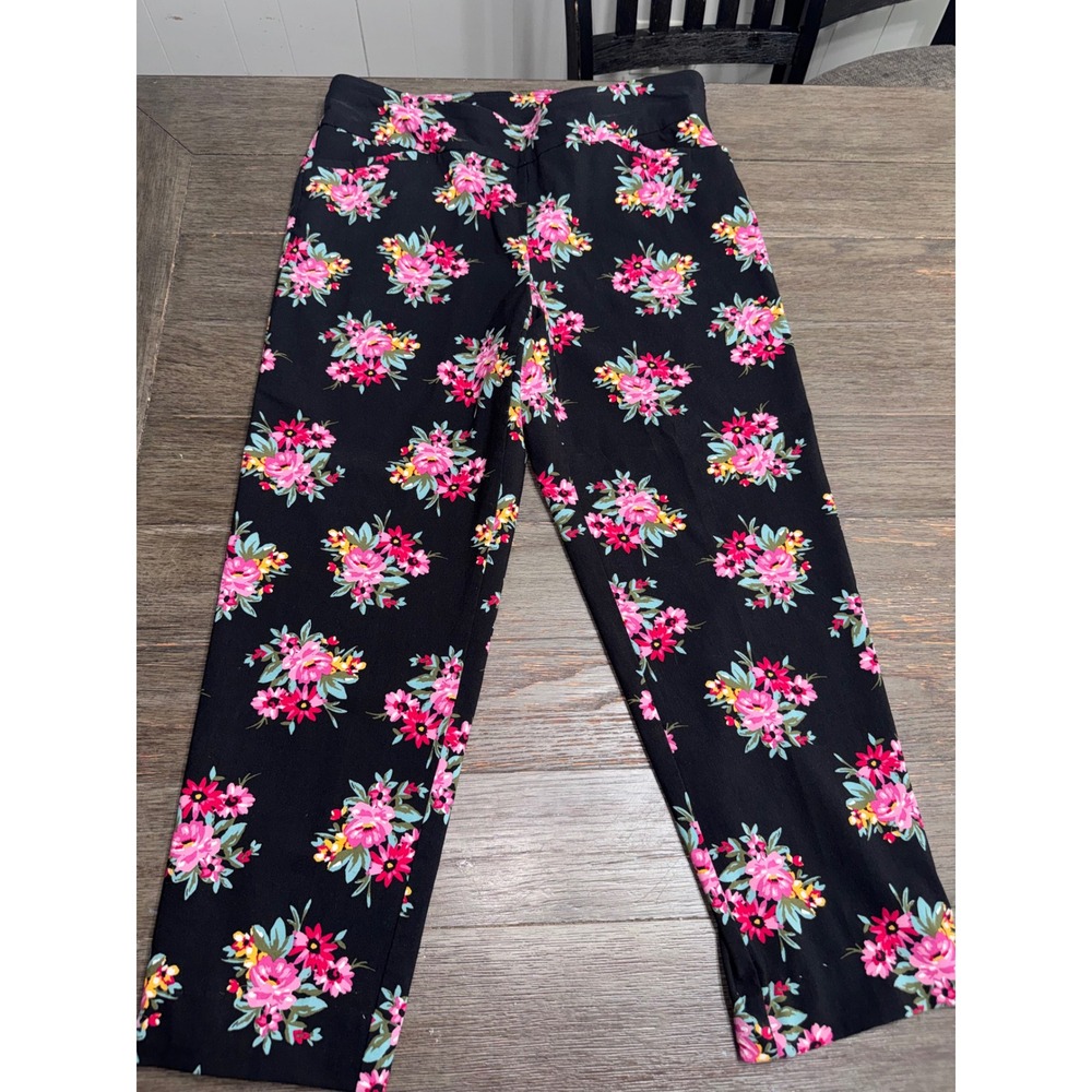 Terra & Sky Womens 0X 14W Floral Pull On Pants Black Pink Ankle Length Stretch